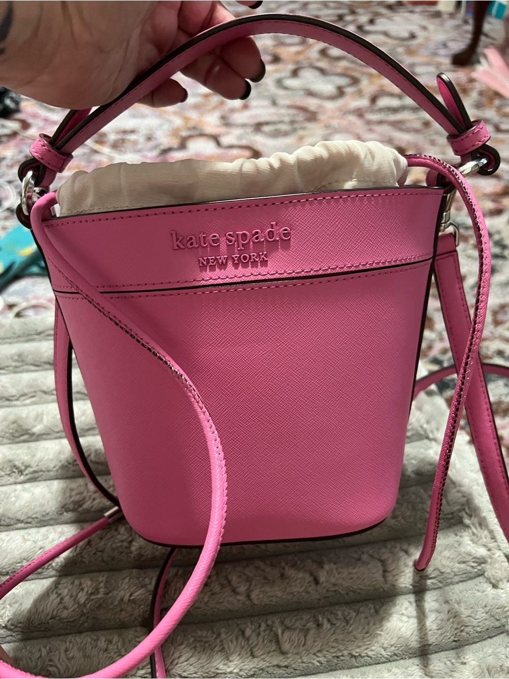 Kate Spade Cameron Street Bucket Pink Leather Drawstring Crossbody Bag - Picture 4 of 5